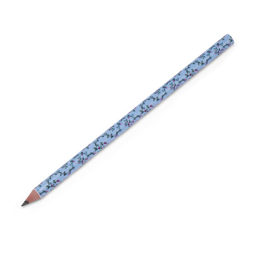 A wooden pencil wrapped in paper, featuring a light blue Rococo pattern with pink bows and flowers.